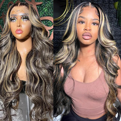 1B/27 Body Wave 13x4 Lace Frontal Highlight Wig Human Hair Brazilian 200 Density 30 Inch Ombre Blonde Colored Human Hair Wigs