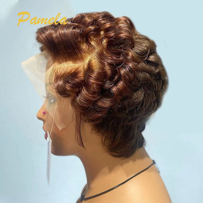 Reddish Brown Short Bob Loose Wave Human Hair Wigs Honey Blonde Short Bob Pixie Cut Transparent Lace Front Wigs For Women