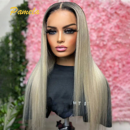 Grey Blonde 13x4 Full Lace Front Wig 4x4 Ash Blonde Bone Straight HD Transparent Lace Closure Frontal Human Hair Wig For Women