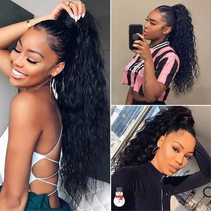 100% Human Hair Drawstring Ponytail Extension Water Wave Straight Kinky Curly Corn Wave Ponytail Clip in Ponytails Extensions