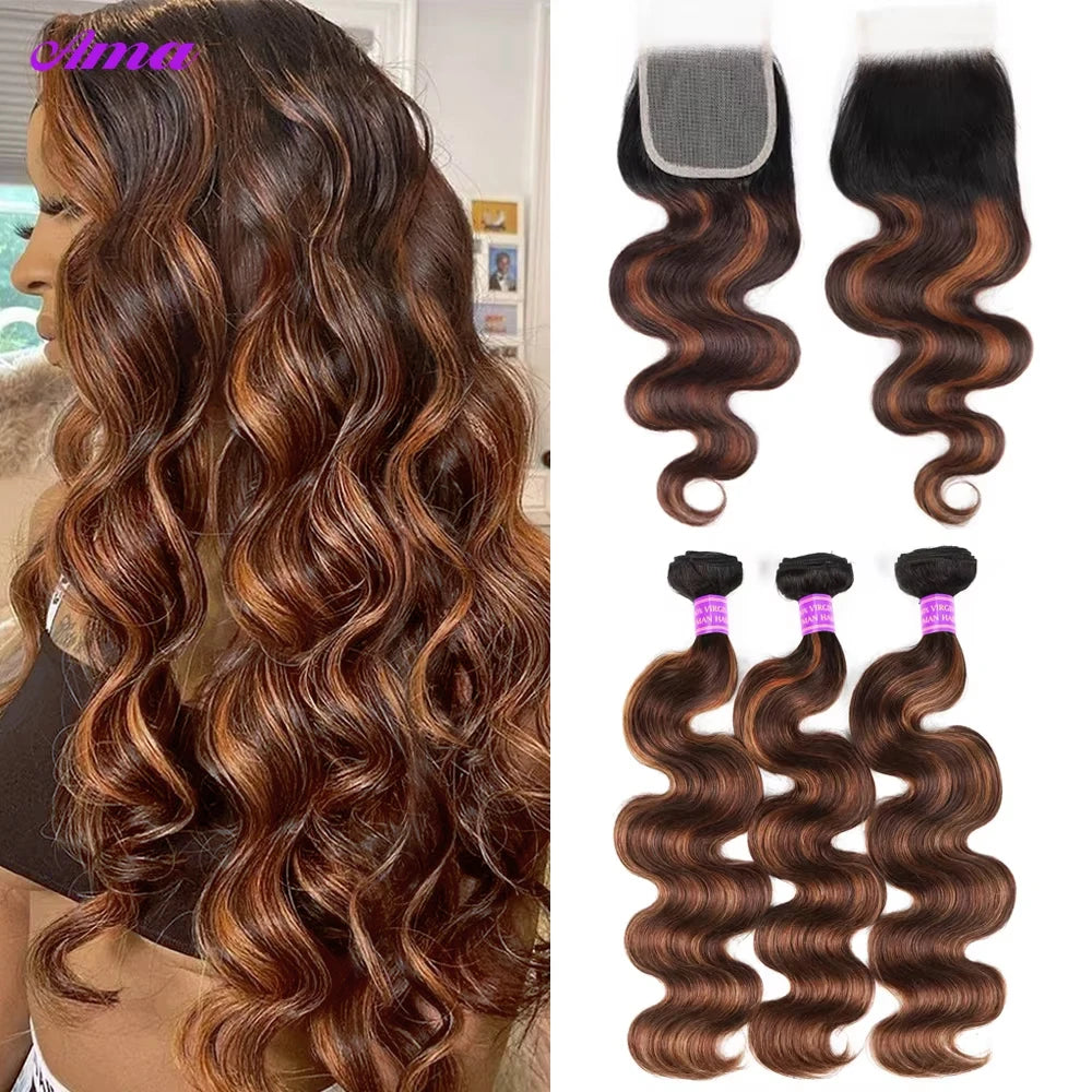 FB 30 Brown Highlight Bundles With Closure Ombred Body Wave Bundles With Closure 1b 4/30 Colored Human Hair Bundles With Closure