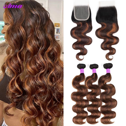 FB 30 Brown Highlight Bundles With Closure Ombred Body Wave Bundles With Closure 1b 4/30 Colored Human Hair Bundles With Closure