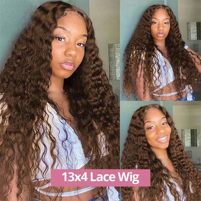 Chocolate Brown Deep Wave 13x6 Lace Front Wig Human Hair 250 Density Curly 4 Colored Transparent 13x4 Lace Frontal Wig For Women