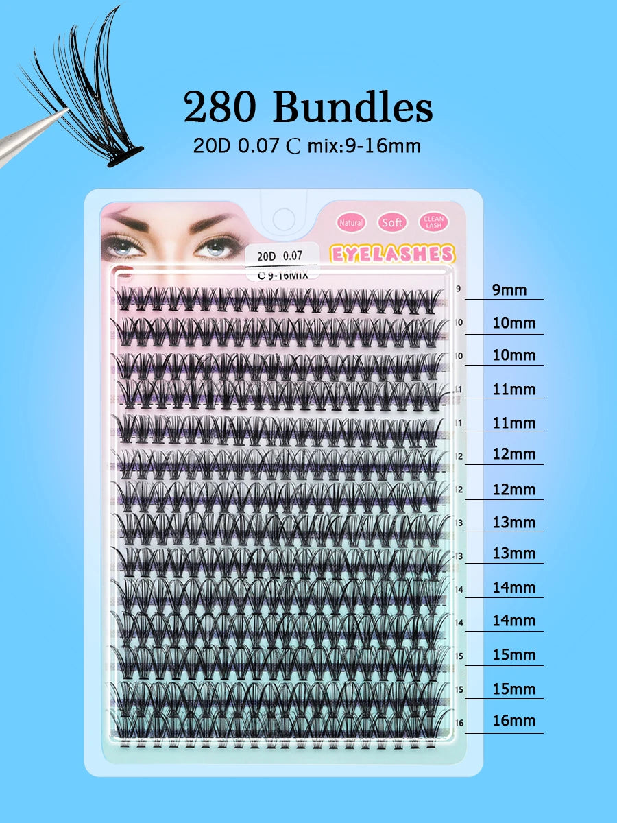 Individual Lashes 20-100D 280pcs Cluster Lashes Natural Look Mixed Tray DIY Eyelash Extension Volume Lash Clusters Eyelashes