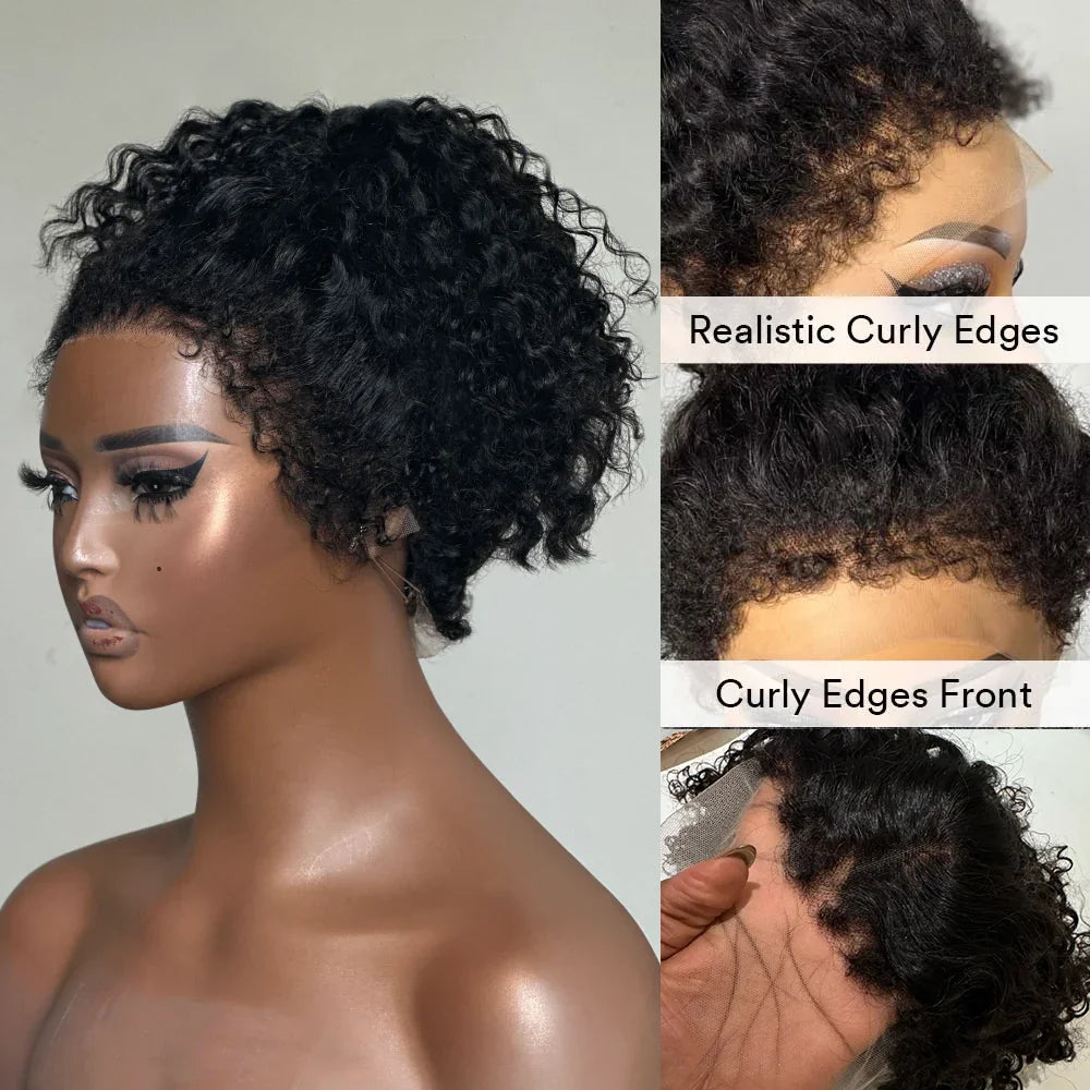 220% Kinky Curly edge Wigs Short Bob Pixie Cut Curly 13x4 Lace Front Wig Human Hair Wig PrePlucked Baby Hair Lace Closure Wig