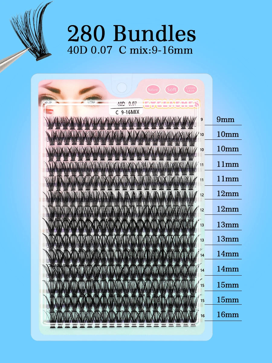 Individual Lashes 20-100D 280pcs Cluster Lashes Natural Look Mixed Tray DIY Eyelash Extension Volume Lash Clusters Eyelashes