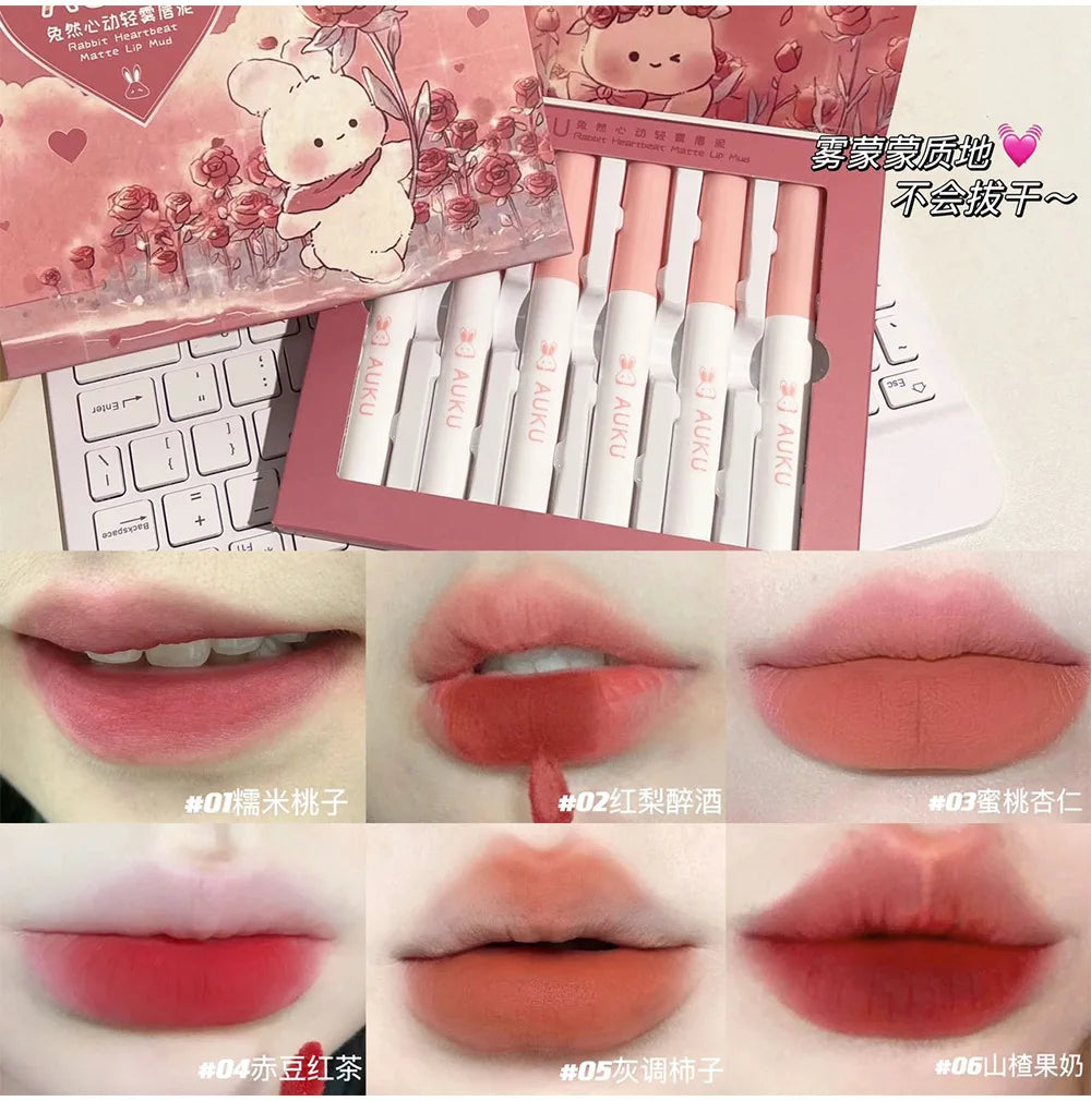 6 PCS Kawaii Lipsticks Set Free Shipping Korean Make Up Beauty Cosmetics Matte Lip Mud Waterproof Long lasting Makeup for women