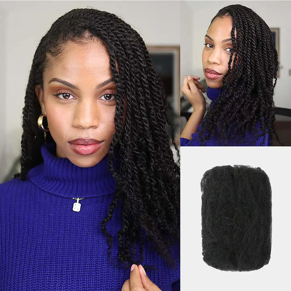 Soft and Lightweight Afro Kinky Bulk Hair – 100% Human Hair with Natural Texture, Comfortable & Long-Lasting Use 16A Virgin Hair