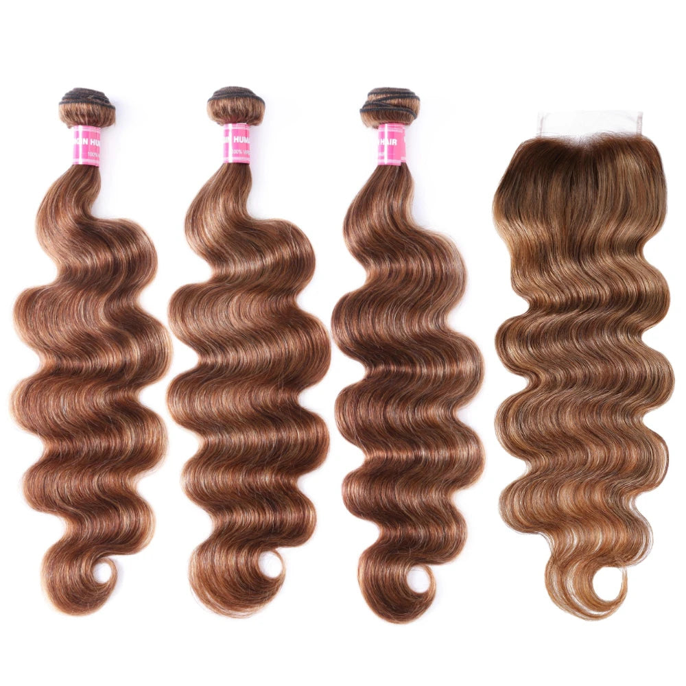 UNice Hair Reddish Brown Body Wave Bundles With 4x4 Closure 100% Human Hair 2/3/4 PCS Bundles And Closure Can Make 250% Lace Wig