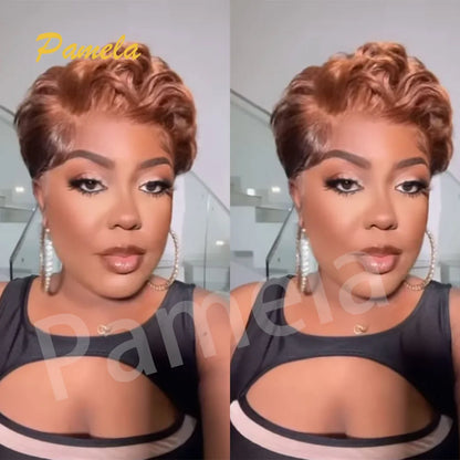 Reddish Brown Short Bob Loose Wave Human Hair Wigs Honey Blonde Short Bob Pixie Cut Transparent Lace Front Wigs For Women