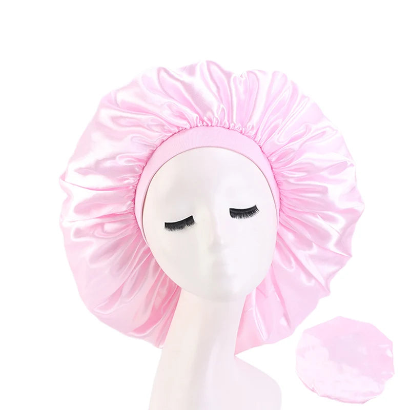 New Women Oversized Silky Hair Soft Elegant Bonnet Solid Color Satin Bonnet Sleeping Night Cap Elastic Shower Bath Hats