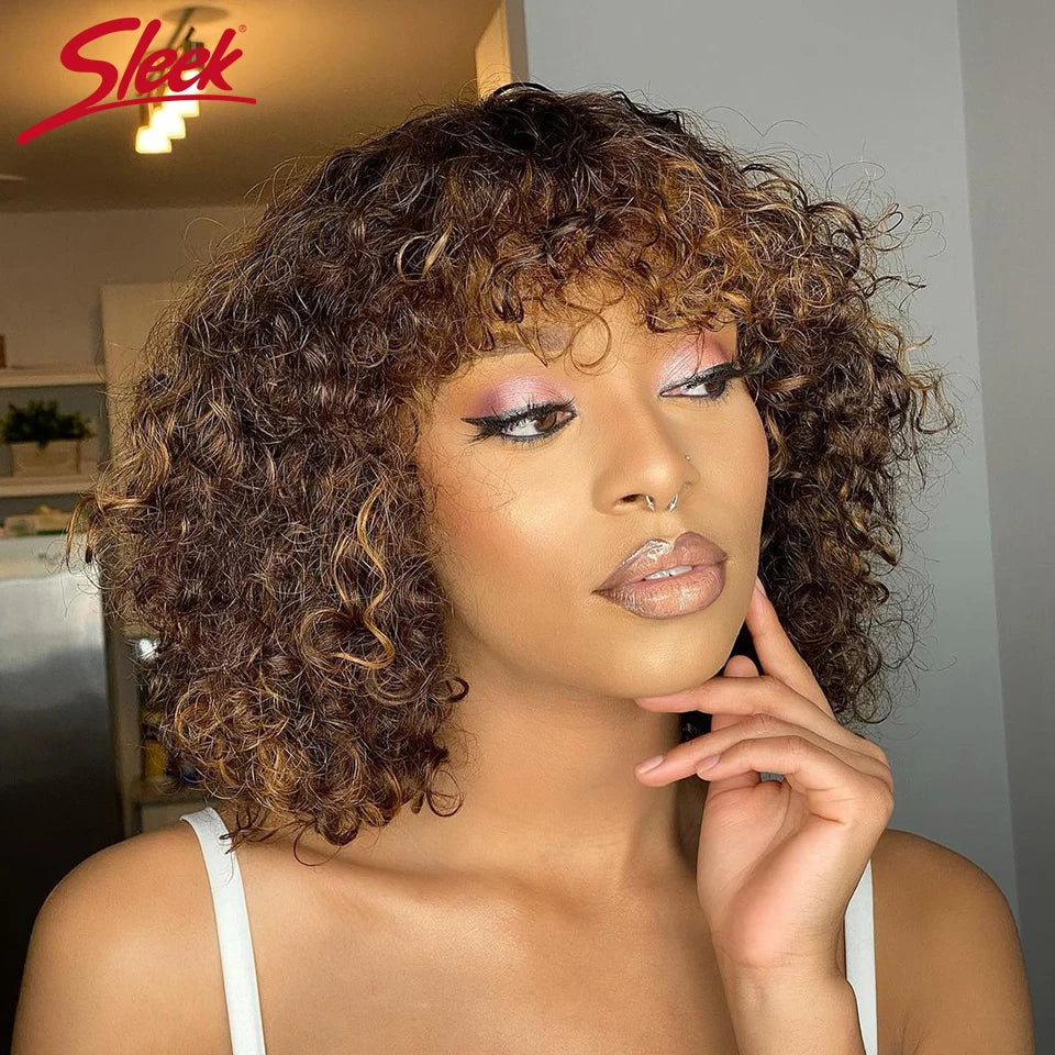 Jerry Curly Short Bob Human Hair Wigs With Bangs Wear To Go Glueless Wig Highlight Honey Water Wave Blonde Colored Wig For Women