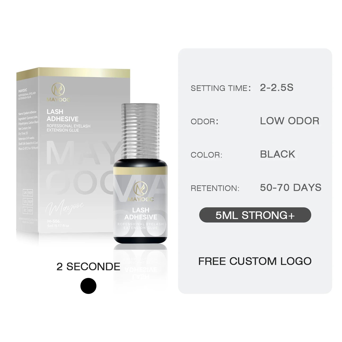 MAYOOC Fast Dry Strong Eyelash Extension Glue 5ml Adhesive 7-8 Weeks Non Odor False Lash Glue Makeup Tool Free Custom logo