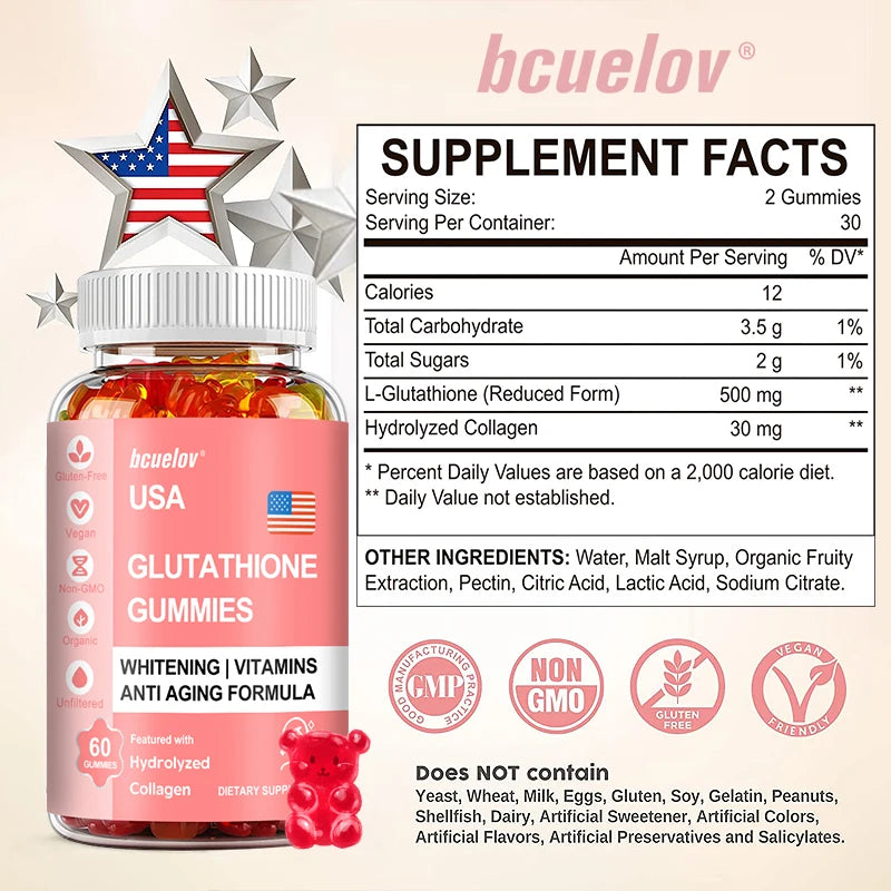 Glutathione Collagen Gummies - for Skin Care, Whitening, Anti-aging, Liver Support, Antioxidants, Immune System 60 Gummies