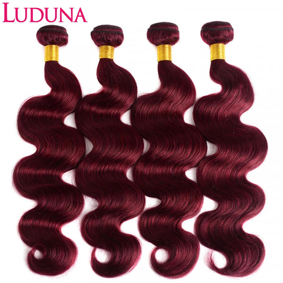 Luduna Burgundy 99j Body Wave Bundles Brazilian Red Color Human Hair Bundles 1/3/4 Pcs Hair Extensions Body Weave Colored Bundle