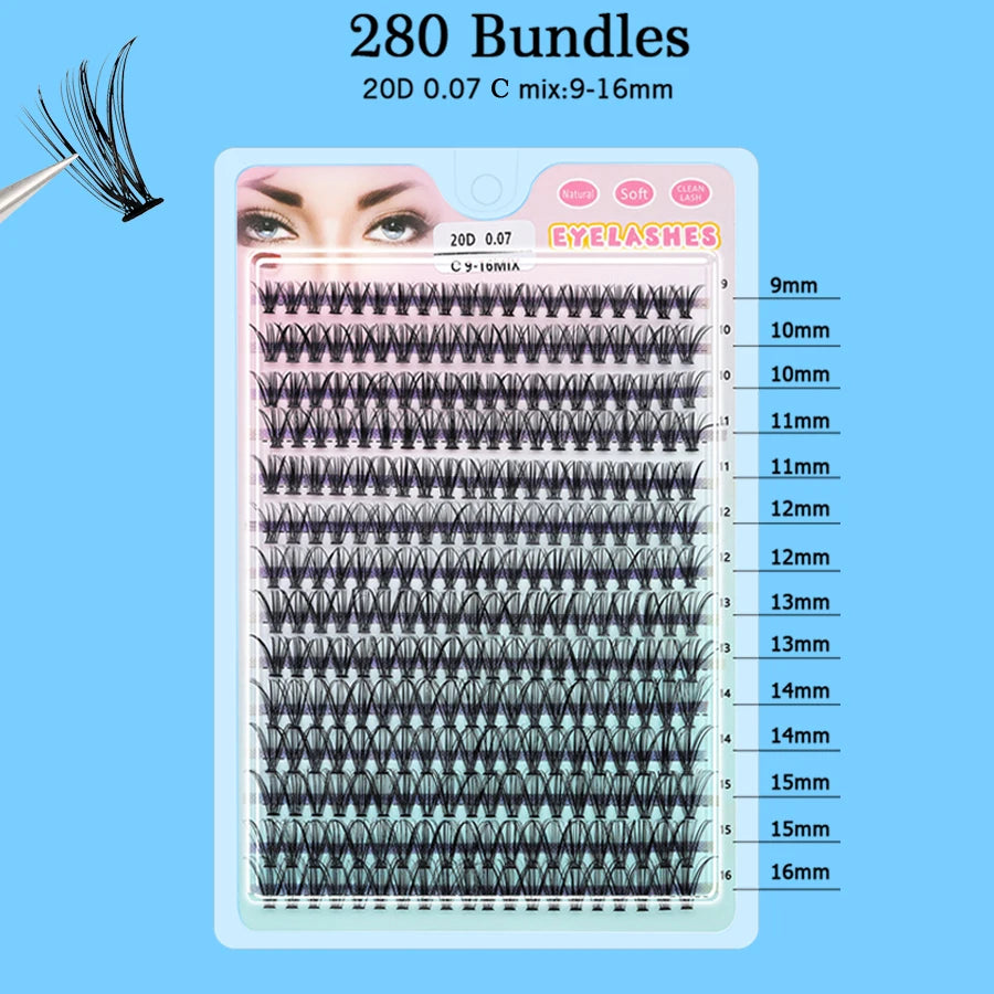 Individual Lashes 20-100D 280pcs Cluster Lashes Natural Look Mixed Tray DIY Eyelash Extension Volume Lash Clusters Eyelashes