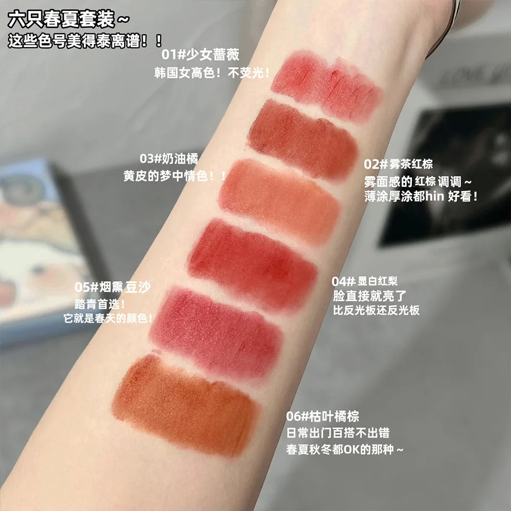 6 PCS Kawaii Lipsticks Set Free Shipping Korean Make Up Beauty Cosmetics Matte Lip Mud Waterproof Long lasting Makeup for women