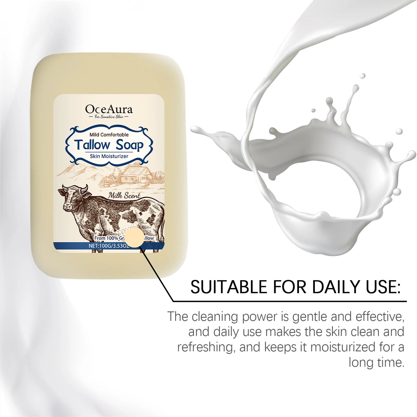 OCEAURA Tallow Soap, Beef Tallow Soap, Pure Tallow Balm Soap Bar for Sensitive Skin - Moisturizes, Soothes, and Hydrates 100g