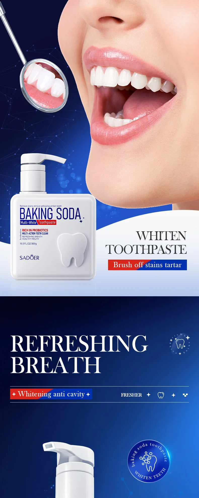 Baking Soda Probiotic Whitening Toothpaste To Remove Yellow Teeth Stains and White Teeth Removal Clean Teeth Fresh Mouth 300g