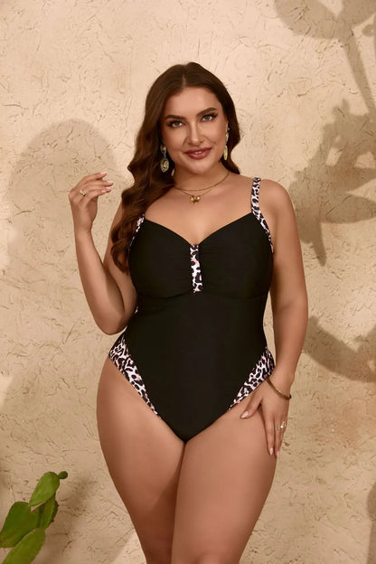 2025 Leopard Patchwork Plus Size Swimwear Women Push UP Lady Large One Piece Swimsuit Brazilian Chubby Beach Curvy Bathing Suit