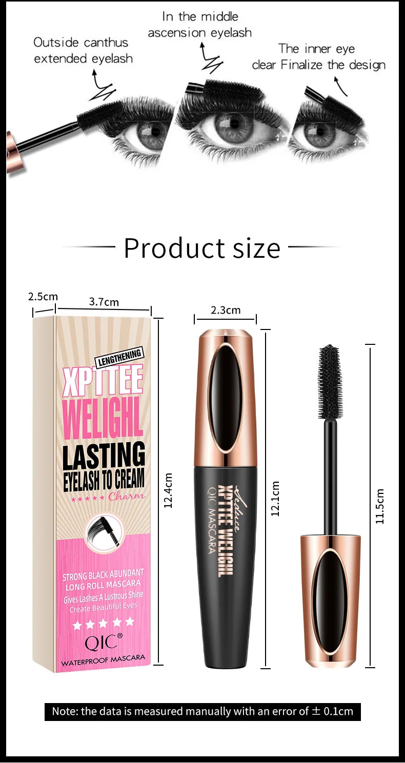 QIC Eyelash Mascara XPTTEE WELIGHL Lasting Mascara & Eyeliner Waterproof Thick Long Curly Silicone Eyelash Brush 4D Mascara