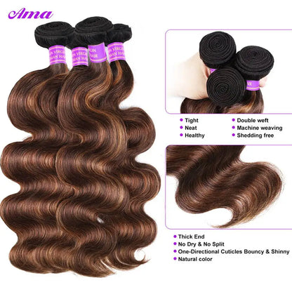 FB 30 Brown Highlight Bundles With Closure Ombred Body Wave Bundles With Closure 1b 4/30 Colored Human Hair Bundles With Closure