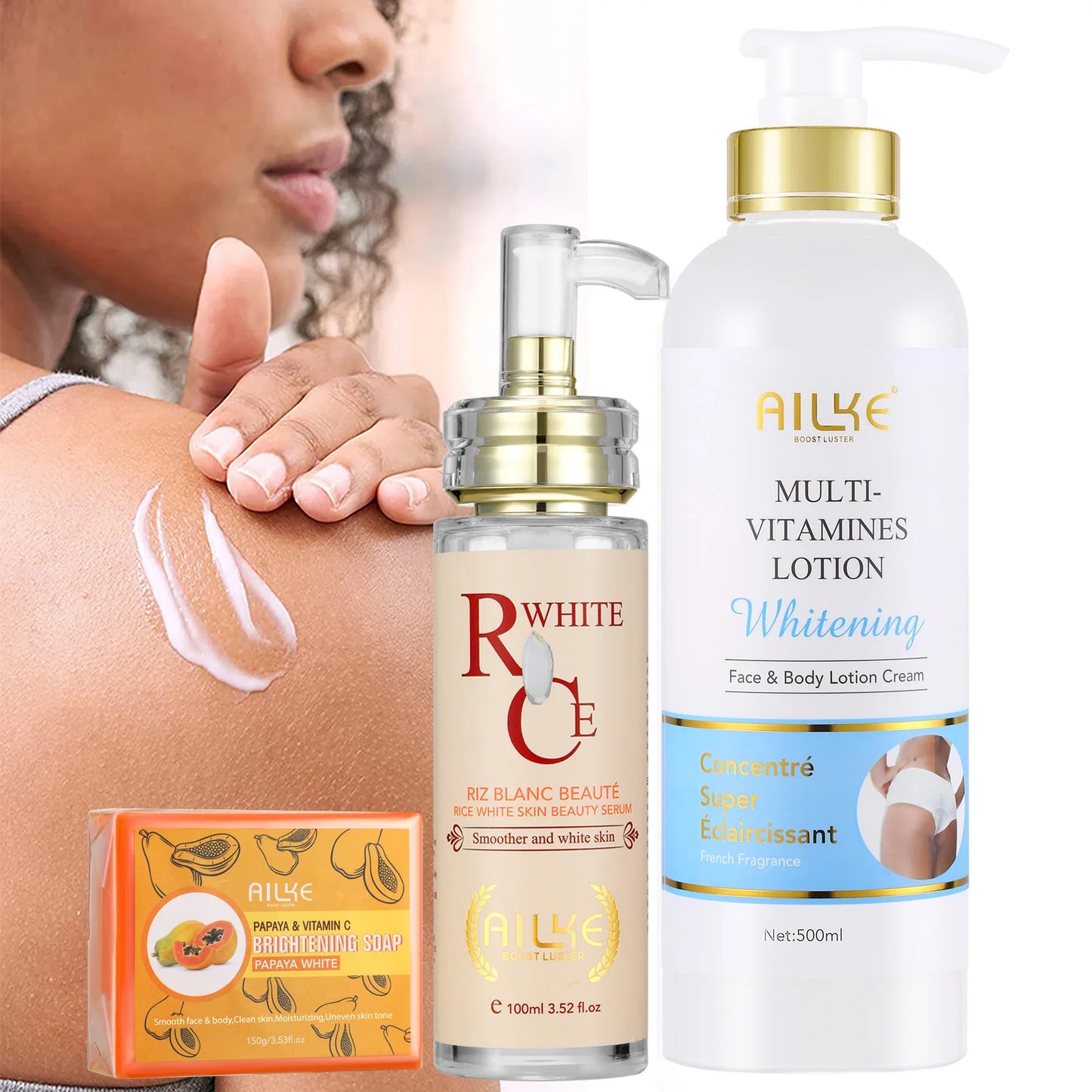 AILKE Natural Multi-Vitamin Lightening Skin Care Kit, Moisturizes, Even Toning, Remove Blemishes, Clean & Soothing Skin