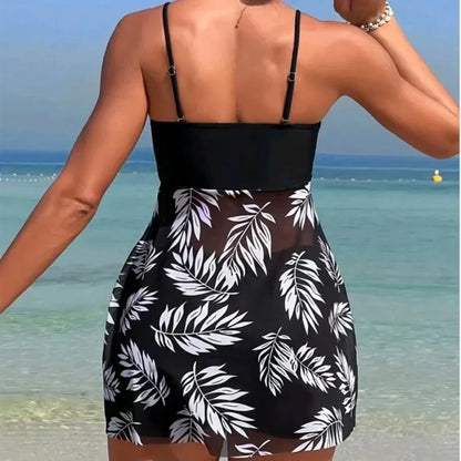 Summer Women's Short Dress With Shorts Swimsuit Leaf Print Sling Split Swimming Suit Holiday Beach Swimming Beachwear