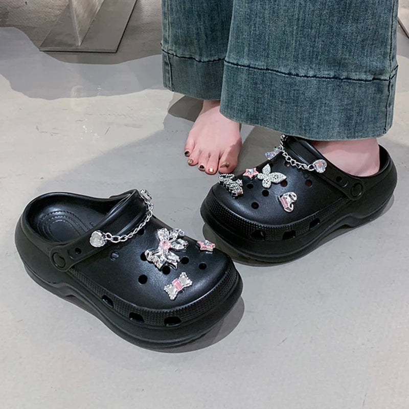 Crystal Butterfly Platform Sandals Women 2025 Summer Non Slip Eva Clogs Garden Shoes Woman Cozy Thick Sole Beach Sandals Female