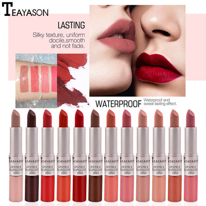 1PC Pink Lipstick Sexy Lip Gloss 2 In 1 Lip Tint Waterproof Long -Lasting Moisture Red Lip Matte Lipstick Make-Up For Women