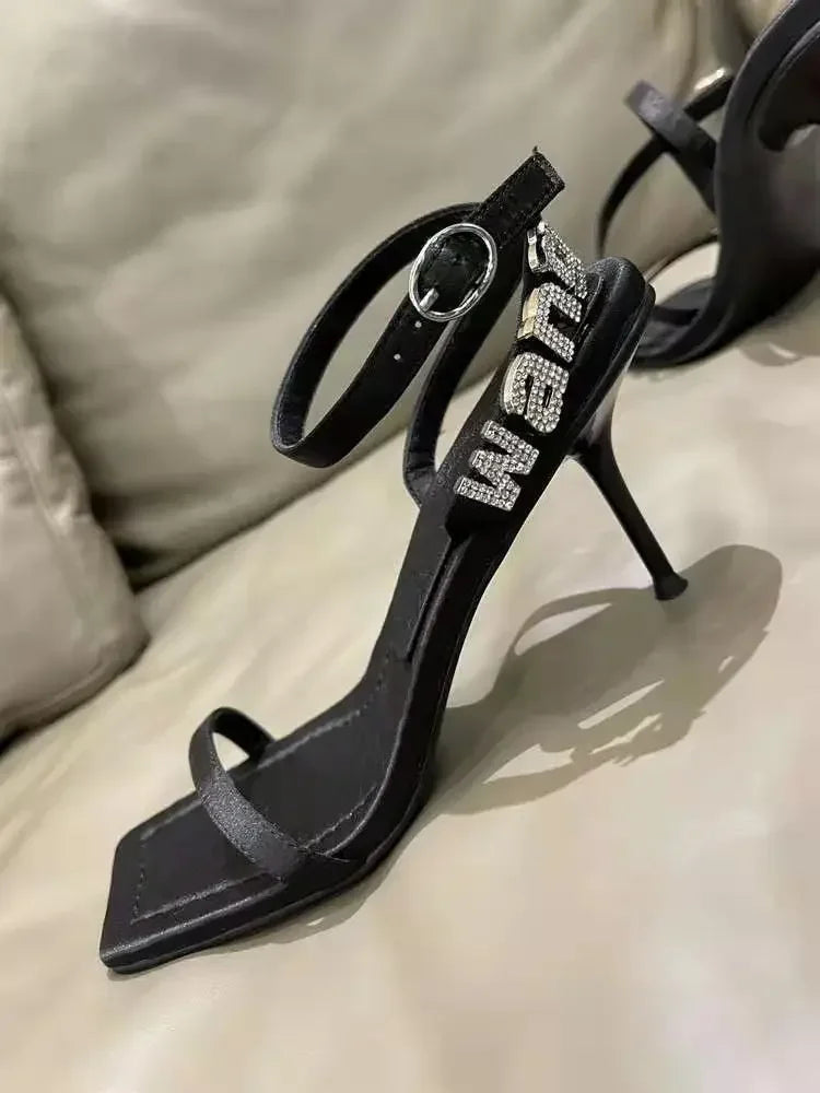 2024 Style Square Toe Women Sandals Crystal Letters Decorative Women High Heels Sexy Shoes Women's Banquet Wedding Shoes Women