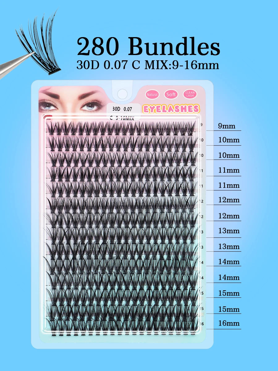 Individual Lashes 20-100D 280pcs Cluster Lashes Natural Look Mixed Tray DIY Eyelash Extension Volume Lash Clusters Eyelashes