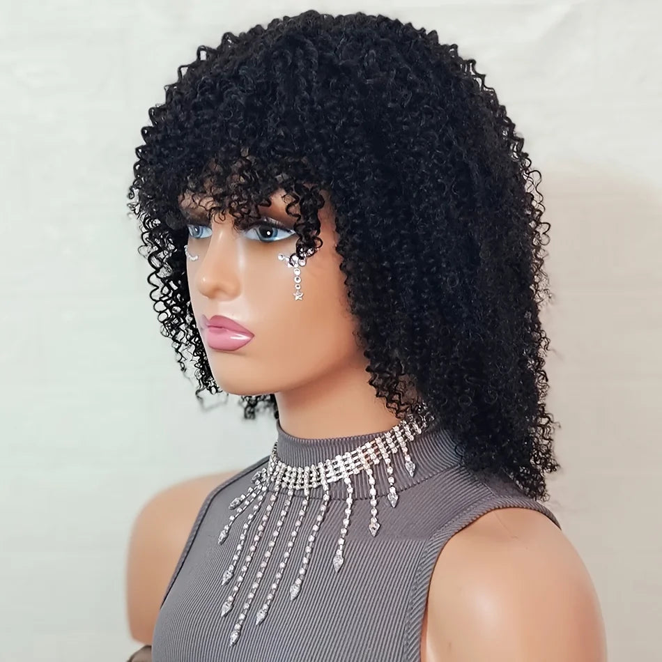 4A Afro Kinky Curly Wig With Bangs Human Hair 12/14 inch Short Curly Hair Wigs 180% Density Full Machine Made Natural For Women