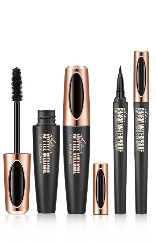 QIC Eyelash Mascara XPTTEE WELIGHL Lasting Mascara & Eyeliner Waterproof Thick Long Curly Silicone Eyelash Brush 4D Mascara