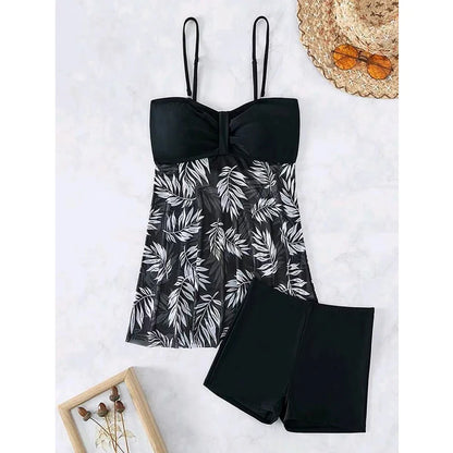 Summer Women's Short Dress With Shorts Swimsuit Leaf Print Sling Split Swimming Suit Holiday Beach Swimming Beachwear