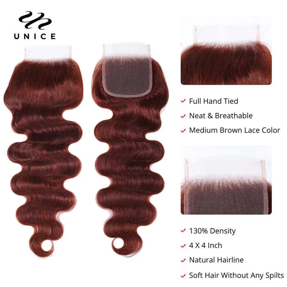 UNice Hair Reddish Brown Body Wave Bundles With 4x4 Closure 100% Human Hair 2/3/4 PCS Bundles And Closure Can Make 250% Lace Wig