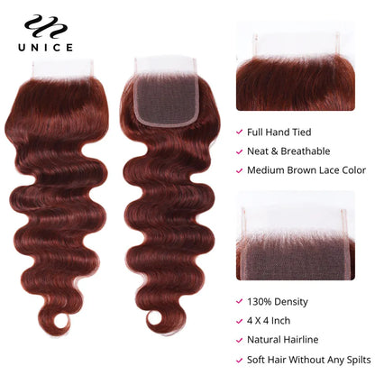 UNice Hair Reddish Brown Body Wave Bundles With 4x4 Closure 100% Human Hair 2/3/4 PCS Bundles And Closure Can Make 250% Lace Wig