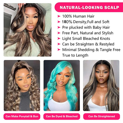 1B/27 Body Wave 13x4 Lace Frontal Highlight Wig Human Hair Brazilian 200 Density 30 Inch Ombre Blonde Colored Human Hair Wigs