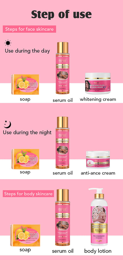 AILKE OEM Wholesale Smooth Brightening AHA Dark Spots Removal, Skin Whitening Anti Wrinkle Skin Care Set