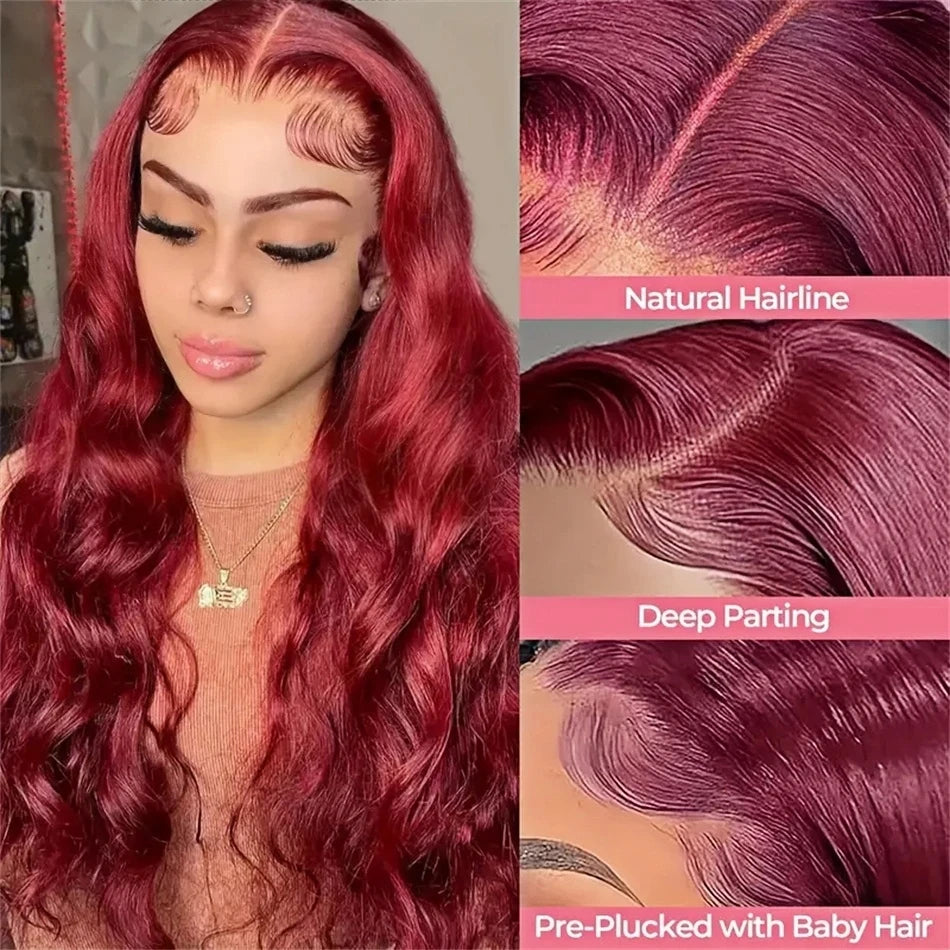 13x6 Hd Lace Front Human Hair Wig 99J Burgundy Preplucked Hd Transparent 13x4 Body Wave Human Hair Lace Frontal Wigs for Women