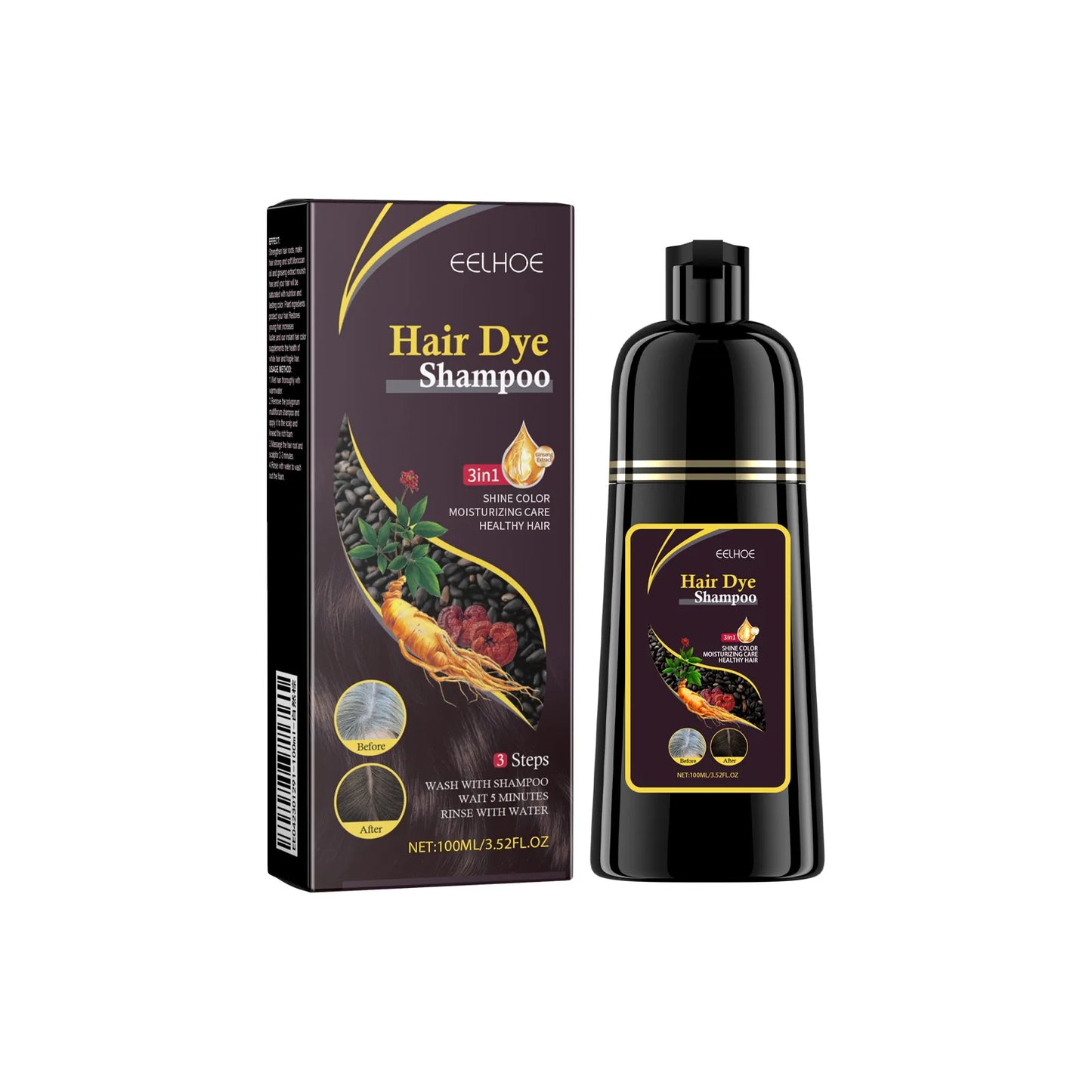 EELHOE Natural Plant Hair Dye Shampoo 3 in 1 Hair Color Shampoo for Gary Hair Dark Brown Black And Women Men Grey Coverage 100ml