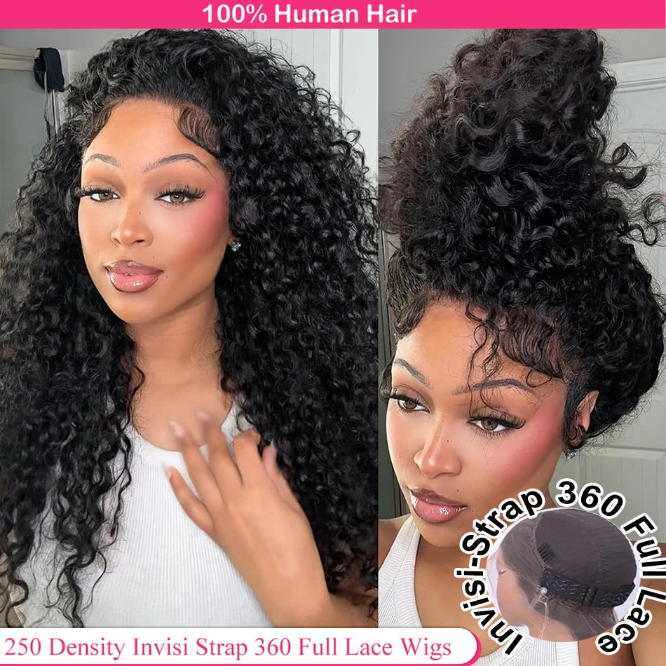 Invisi Strap HD 360 Full Lace Wig Human Hair 250 Density Precut 360 Lace Front Wig Deep Curly Glueless Wig Human Hair Wig