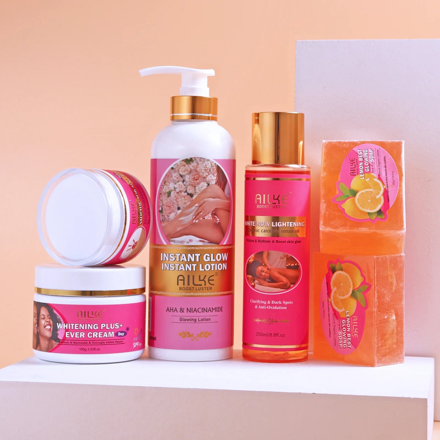 AILKE OEM Wholesale Smooth Brightening AHA Dark Spots Removal, Skin Whitening Anti Wrinkle Skin Care Set