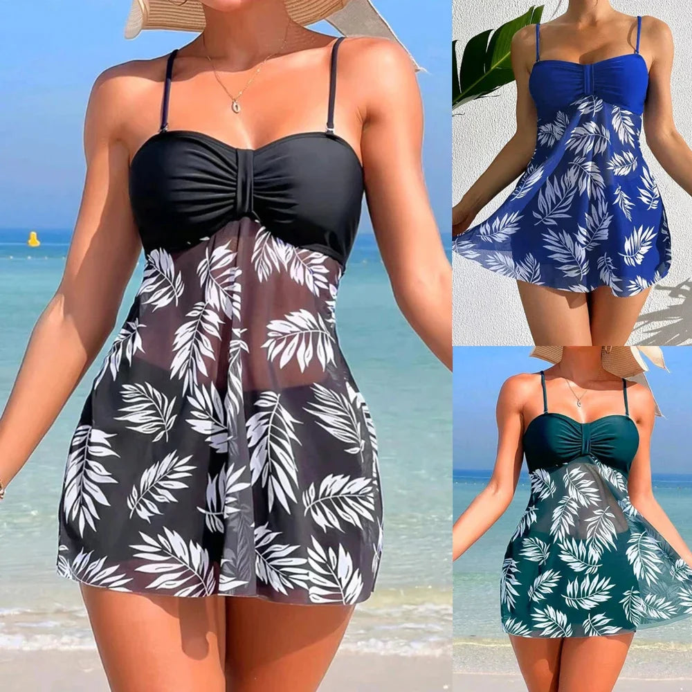 Summer Women's Short Dress With Shorts Swimsuit Leaf Print Sling Split Swimming Suit Holiday Beach Swimming Beachwear