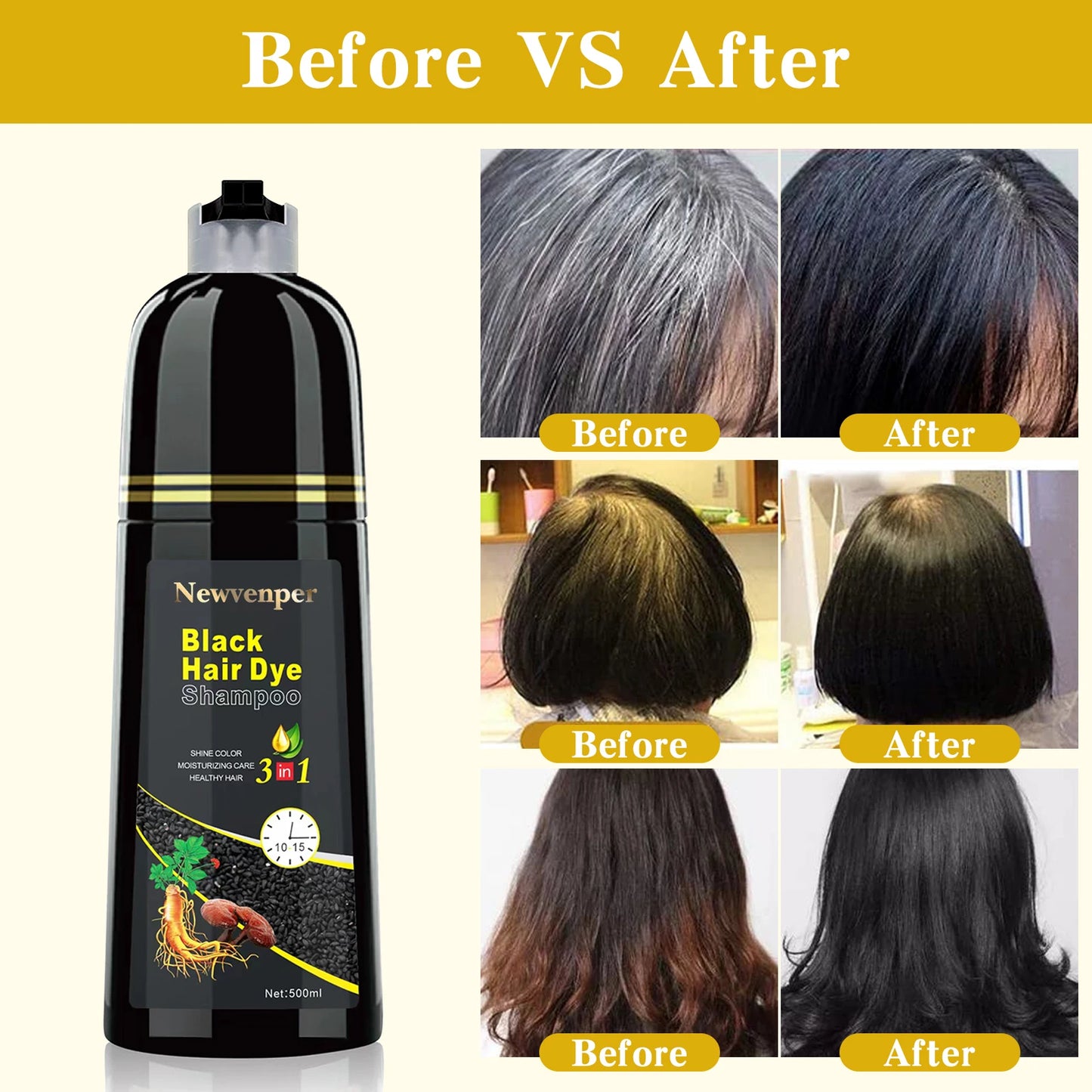 500ML/14.9 Fl.oz Black Hair Dye shampoo Coloring in Minutes Natural & Long Lasting Hair Dye Shampoo  Men & Women Hair turn Black