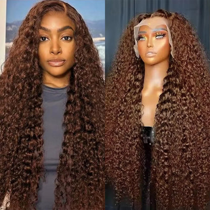 Chocolate Brown Deep Wave 13x6 Lace Front Wig Human Hair 250 Density Curly 4 Colored Transparent 13x4 Lace Frontal Wig For Women