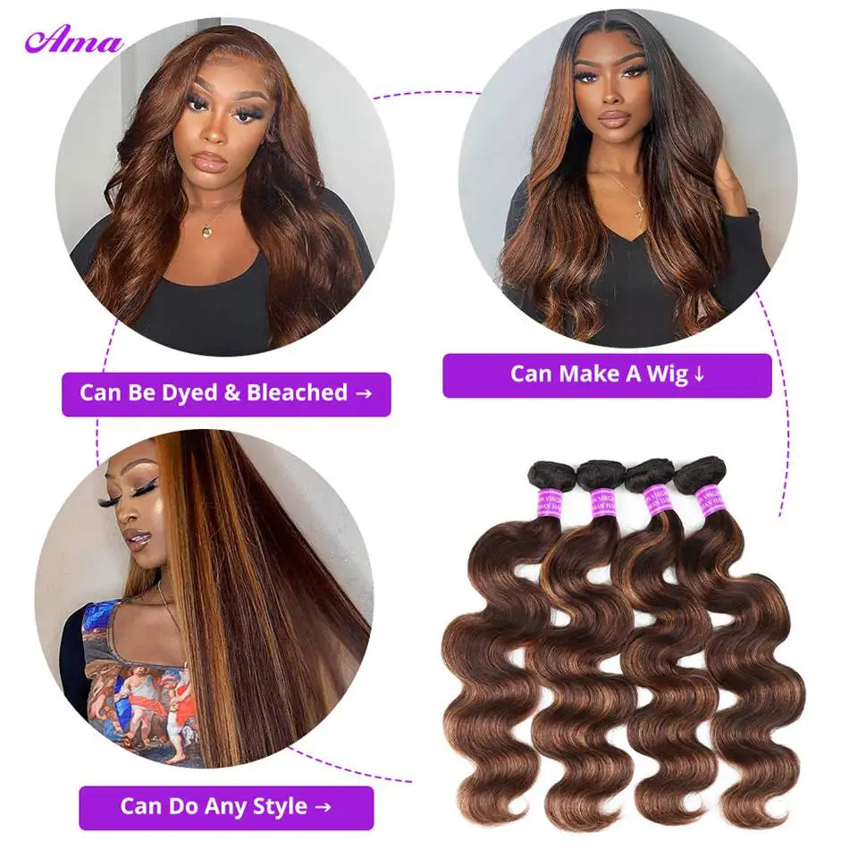FB 30 Brown Highlight Bundles With Closure Ombred Body Wave Bundles With Closure 1b 4/30 Colored Human Hair Bundles With Closure