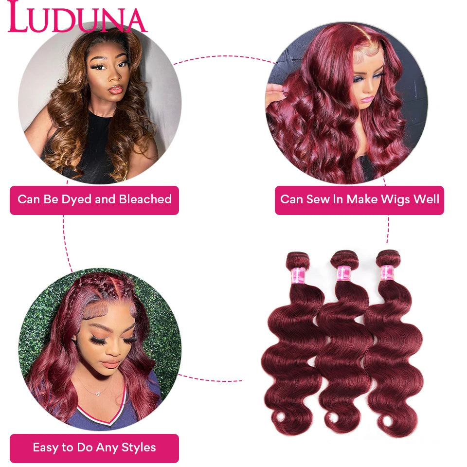 Luduna Burgundy 99j Body Wave Bundles Brazilian Red Color Human Hair Bundles 1/3/4 Pcs Hair Extensions Body Weave Colored Bundle