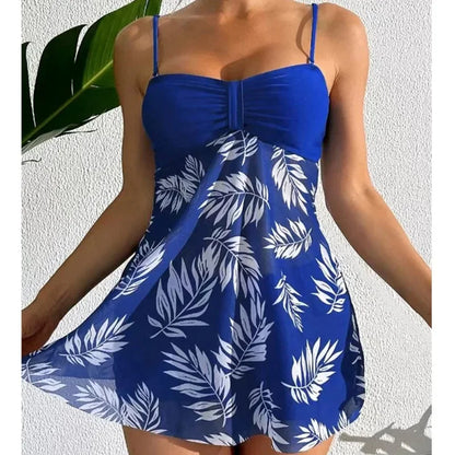 Summer Women's Short Dress With Shorts Swimsuit Leaf Print Sling Split Swimming Suit Holiday Beach Swimming Beachwear