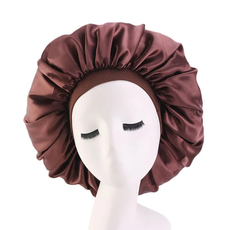 New Women Oversized Silky Hair Soft Elegant Bonnet Solid Color Satin Bonnet Sleeping Night Cap Elastic Shower Bath Hats